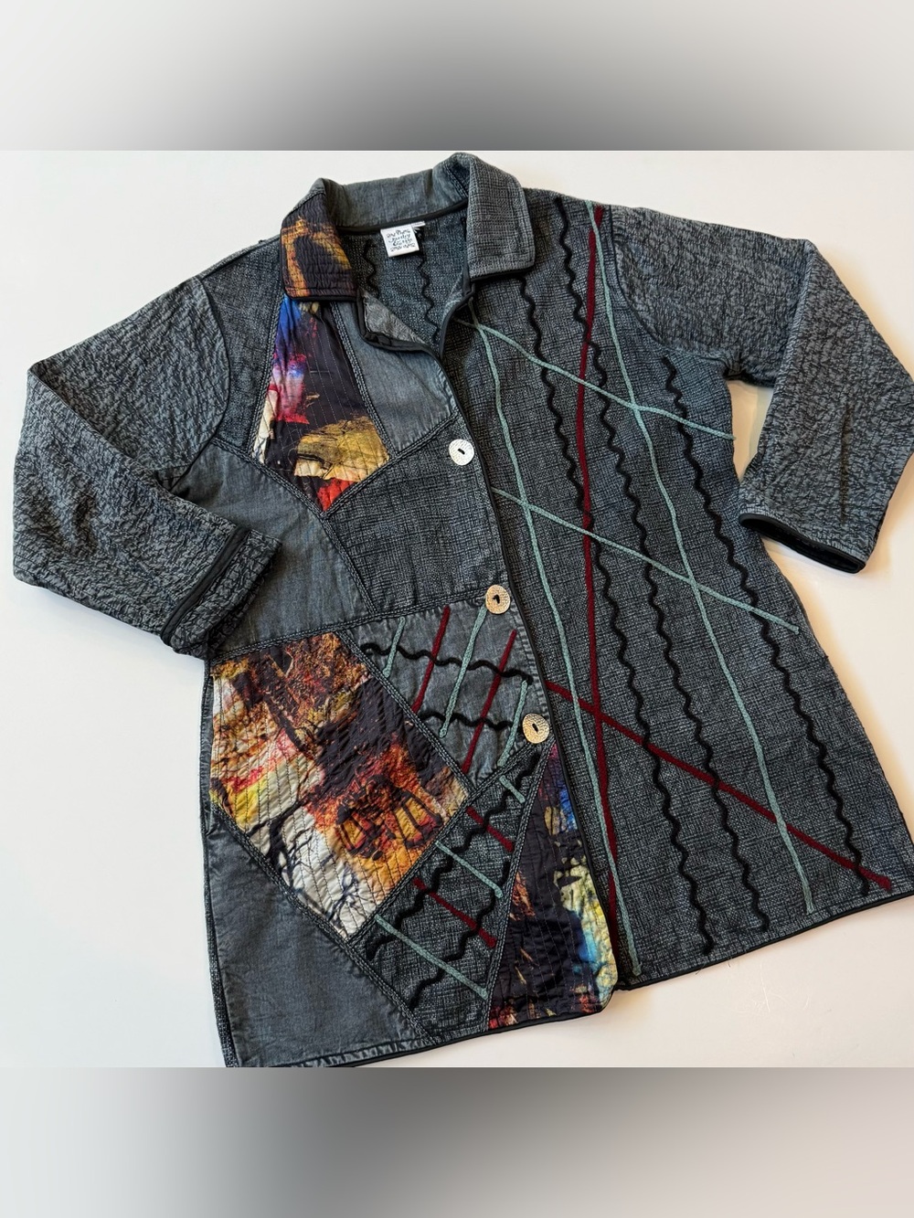 Parsley & Sage Women’s XL Patchwork Jacket Wearable Art Eclectic Gray Black